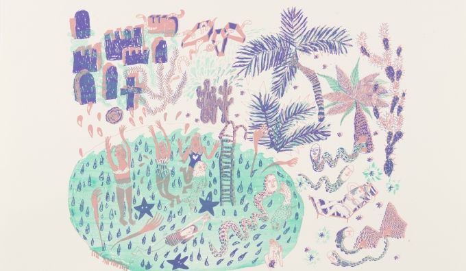 print of pond with trees