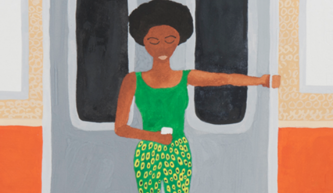painting of woman in front of gray doors