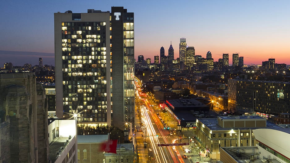 Morgan Hall, Temple University's newest and largest residence hall, and the Philadelphia skyline