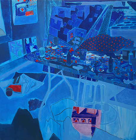 mostly blue interior painting showing a room with red accents