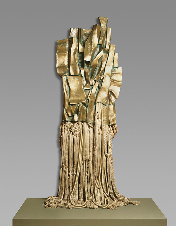 Malcolm X #3 stele by Chase-Riboud, Polished bronze, rayon, and cotton