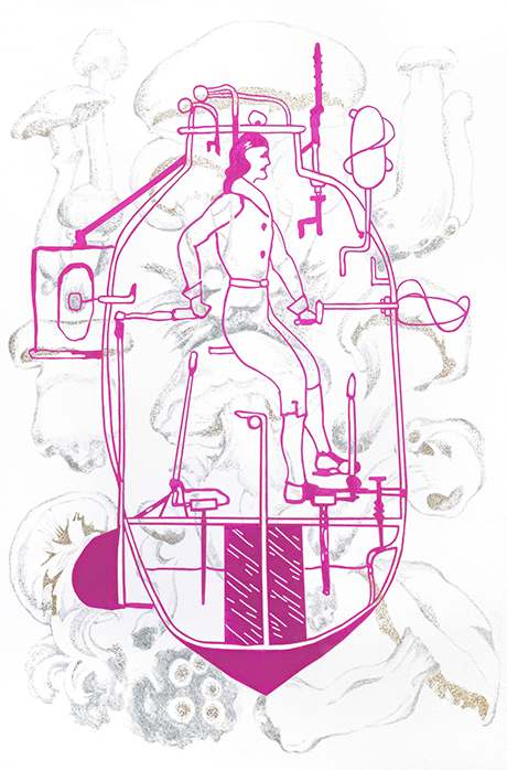 vertical painting in pink of person in old-fashioned submarine