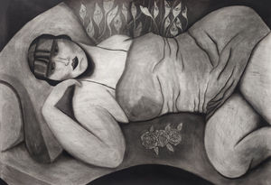 Black and white drawing of a woman laying down