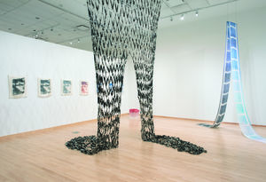 Installation view of large hanging fibers artwork by Anna Bockrath