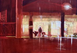 Painting in red tones of people standing in front of a building