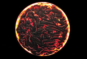 Lava-like artwork made of glass, wood, and organic material by Heather Phillips