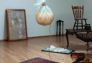 A large clear plastic bag full of what appears to be sourdough suspended in the air, hanging over an ornate rug, with various pieces of wooden furniture in the background