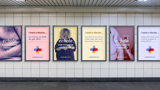 Mockup of subway poster ads for "Exhale: Size Inclusive Healthcare" by MeiLi Carling