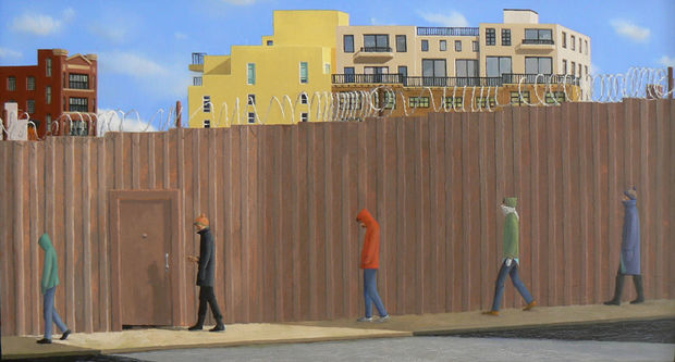 Five Figures, a painting by Beth Sutherland, features five people walking outside in front of a wall with buildings in the background 