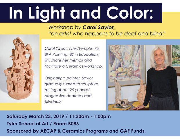 Flyer for Carol Saylor workshop, featuring a photo of Saylor and her ceramic sculpture. 