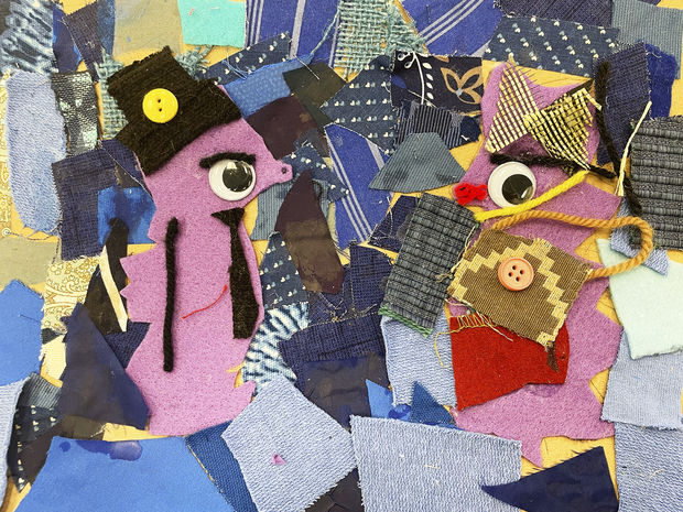 Collage made of fabric featuring two anthropomorphic creatures in formal wear