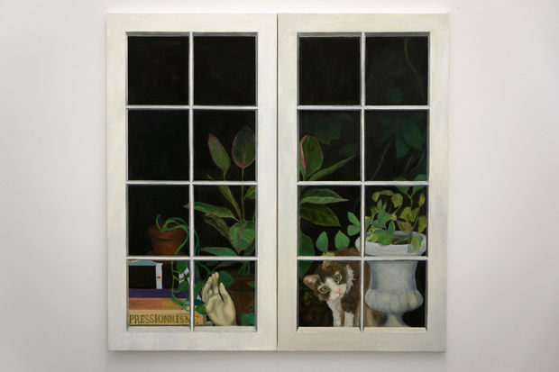 Still life painting of a window with plants, books, and a cat in frame