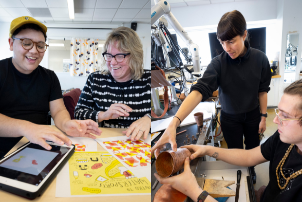 Left: A GAID student and Professor Kelly Holohan work on a tablet; Right: An MJCC student and Professor Mallory Weston work on a piece of metalwork