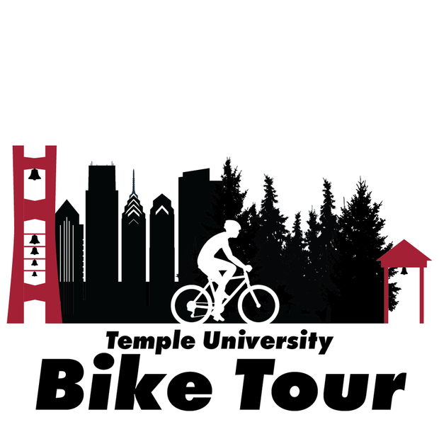 Temple University Bike Tour illustrated graphic of a bicyclist with Bell Tower, Philadelphia skyline, and trees in the backgroun