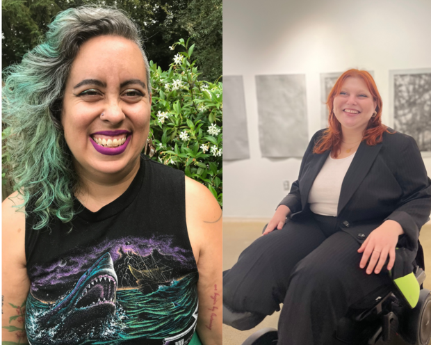 Leah Lakshmi Piepzna-Samarasinha (left): A nonbinary femme with sand colored skin, green and brown curly hair and purple lipstick grins in front of a blooming jasmine vine. Zoe Zahava Steinberg (right): A non-binary femme sitting in a motorized wheelchair wearing a pinstriped suit with orange shoulder-length hair, smiling at the camera. In the background, there are 3 slightly blurred prints on the wall.