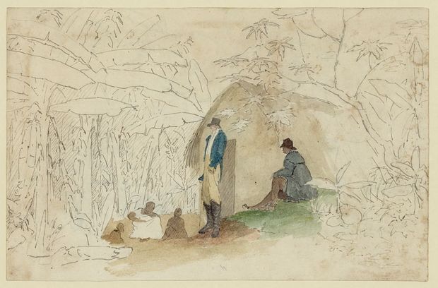 William Berryman Hut with Figures in Plantain Walk 1803-1816