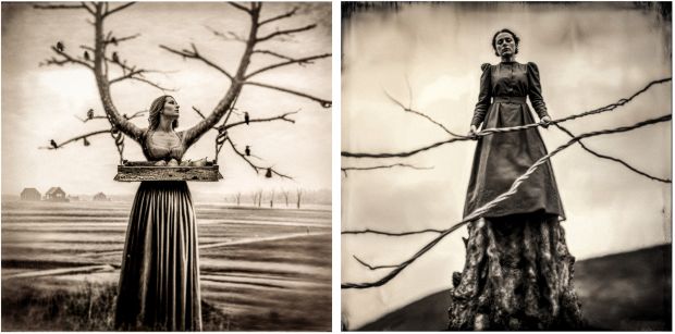 Surreal sepia-toned diptych photographs of women as trees