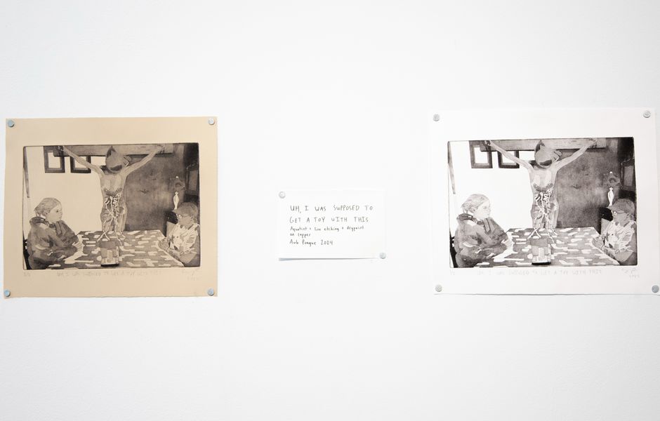 A diptych of the same print in two different colorways, depicting two children sitting at a table with a crucifix on the table between them