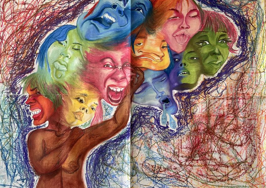 Drawing of a figure with multiple faces coming out of their head, each showing a different expression and in a different bright color