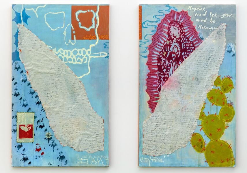 Diptych of two printed pieces with an angelic wing on each, with various imagery of religion and symbolisms of death in the backgrounds