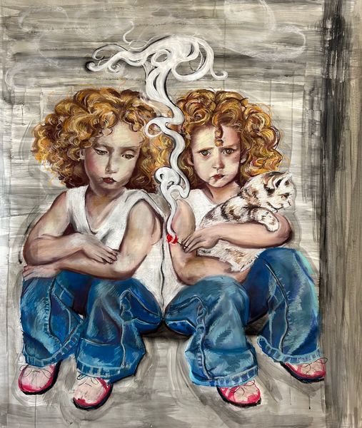 Drawing of two young children in matching clothing sitting next to each other. One is holding a lit match and a kitten on its lap.