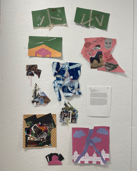 Multiple small collages made of torn up pieces of paper taped back together