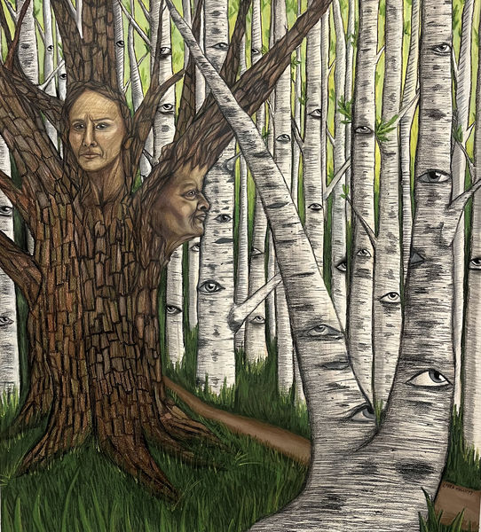 Drawing of a forest of trees with eyes on the bark. The tree in the foreground has two human faces on it. 