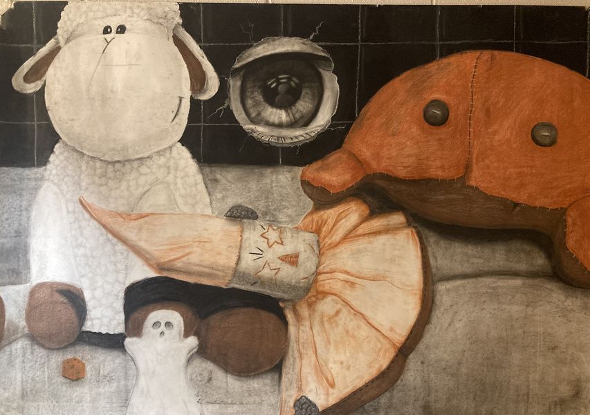 Drawing of stuffed animals and toys. There is a disembodied eye on the wall in the background.