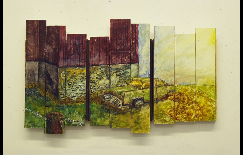 a painting of a truck on wooden blocks