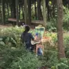 Student painting at an easel outdoors in a forested area
