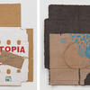 Mat (Eutopia Free), 32 by 21.5 inches and Mat (fresh direct), 27.5 by 23 inches, both by Lisa Sigal. Mat is a series cast from cardboard pulp and pigment resembling a flattened cardboard box.
