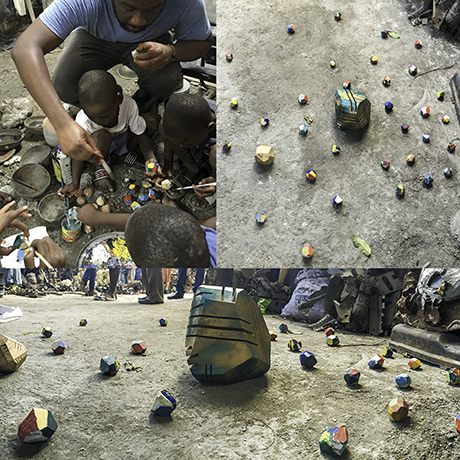 Image showing the artist working with children to paint sculptures, then the many sculptures on their own