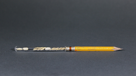 chewed-up pencil with a long glass tube full of seeds where the eraser would be